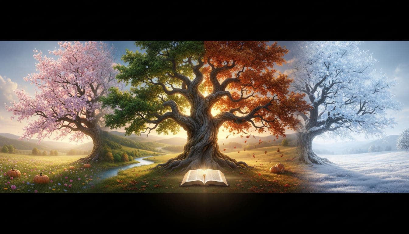 Ancient oak tree amid landscape cycling through spring blossoms, summer green, autumn leaves, and winter snow, open Bible at base in soft light.