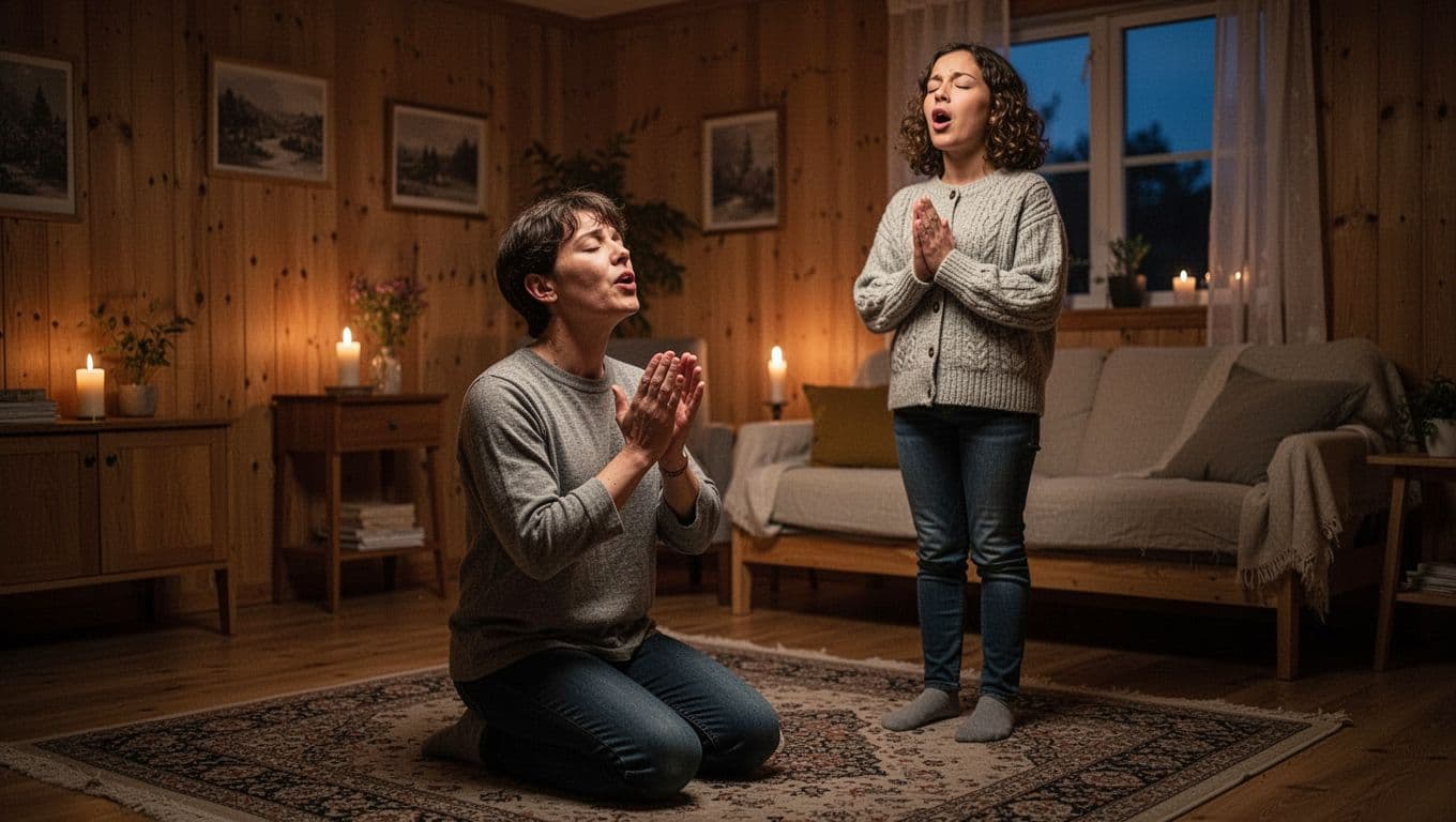 A diverse group of three believers in a modest living room during evening worship, one kneeling in prayer, others singing softly under warm candlelight, focusing on expressive reverent faces.