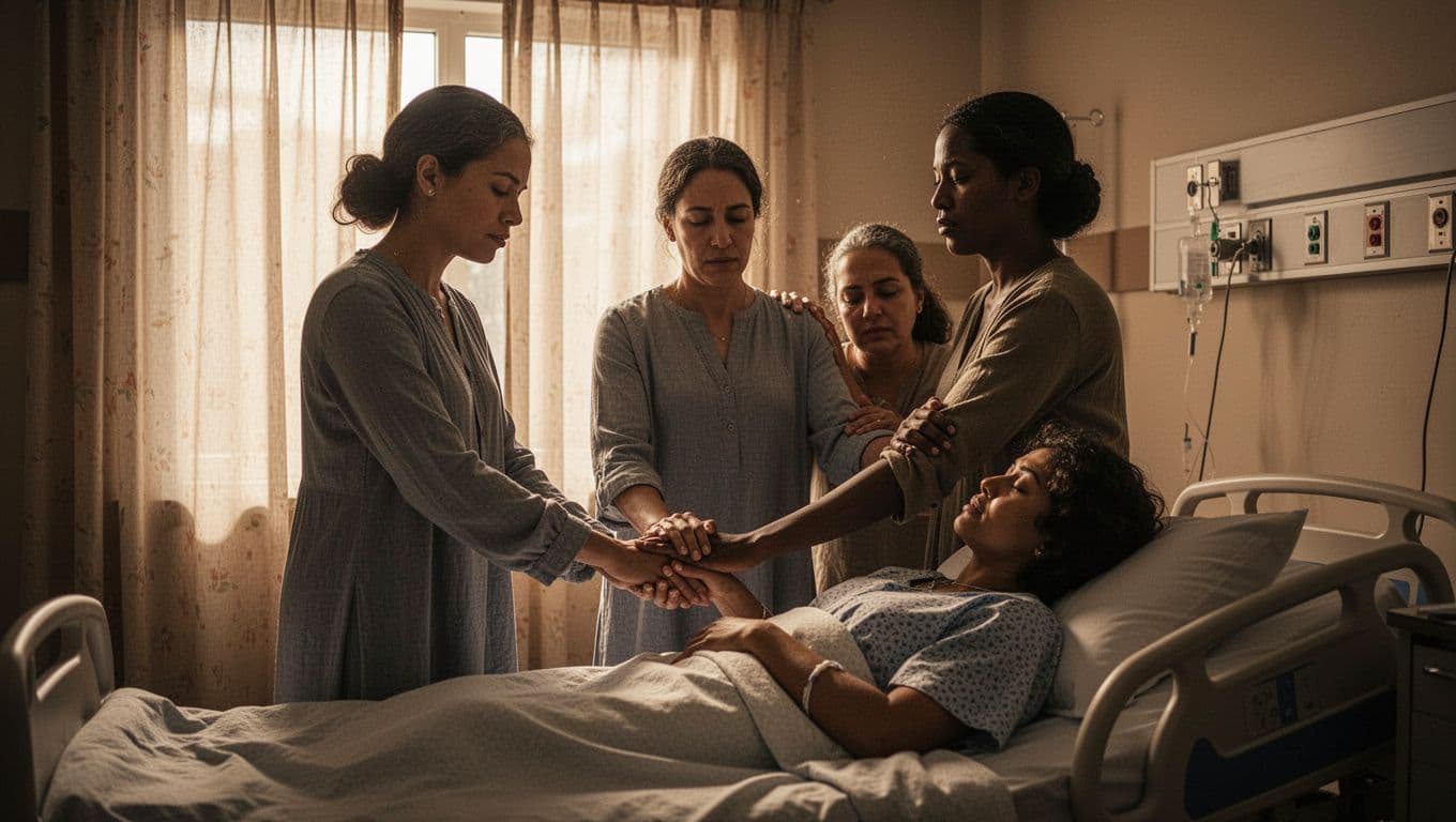 Three believers hold hands in a circle praying fervently for a sick friend on a hospital bed, with gentle shoulder touch in sunlit room.