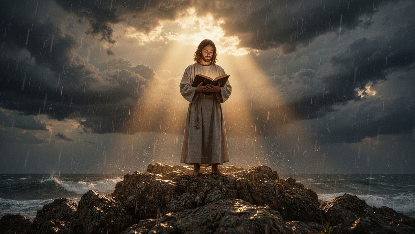 Solitary figure on rocky outcrop holds open Bible in storm, sunlight rays illuminate peaceful face.