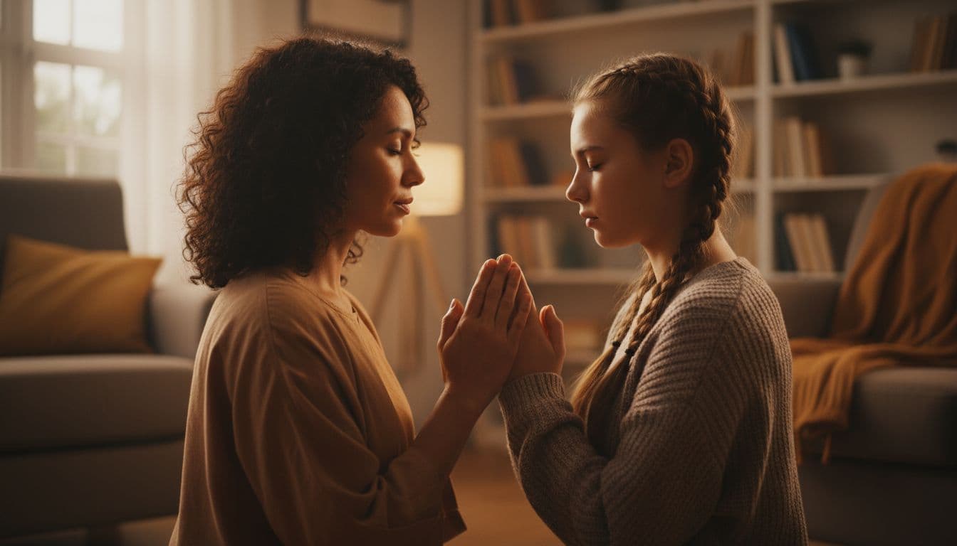 Two diverse Christian friends, a teen and an adult, kneel face-to-face in a cozy warmly lit living room, holding hands in prayer with eyes closed and peaceful expressions. Close-up on clasped hands and serene faces with soft dramatic lighting.