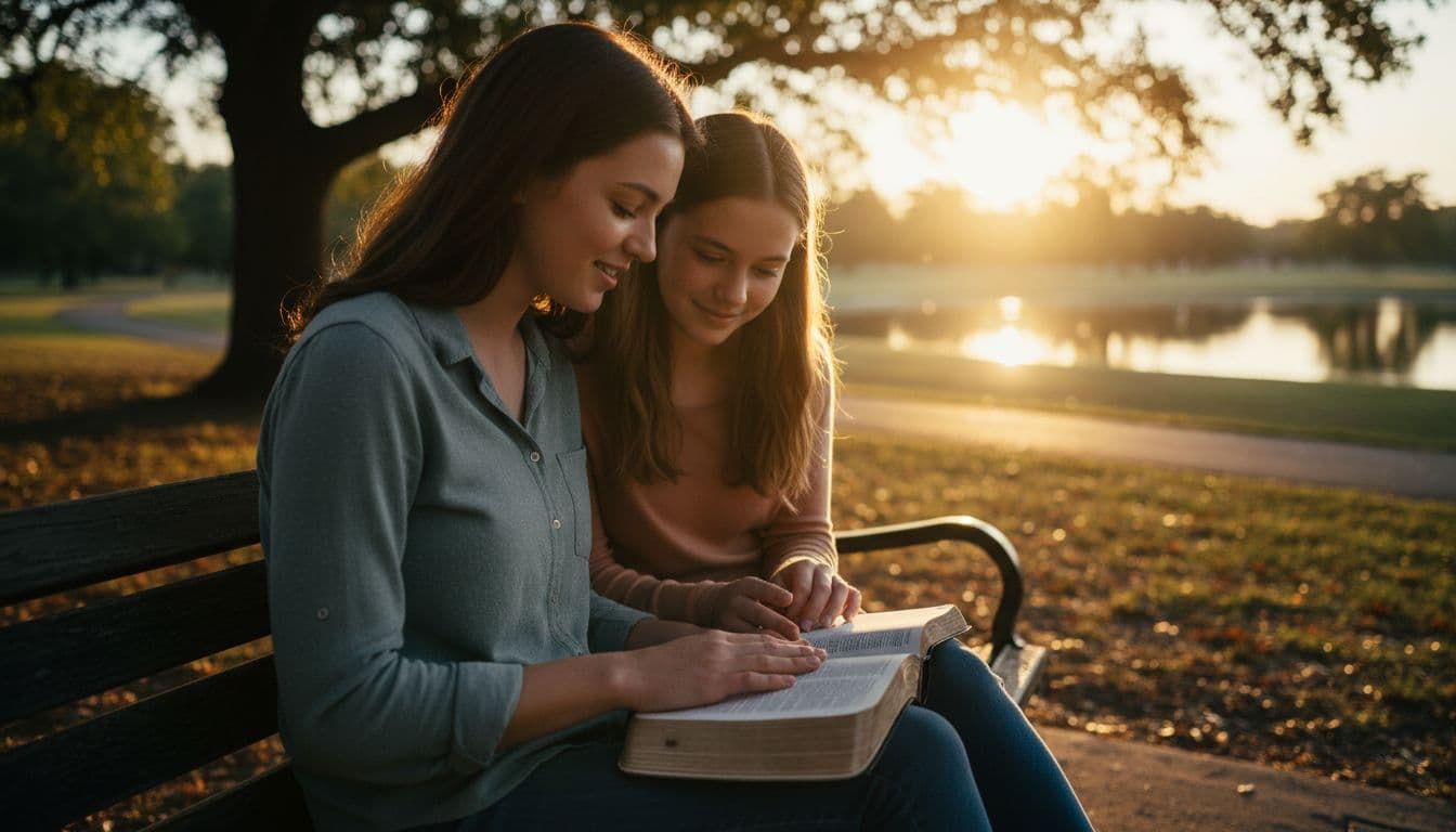 Two close Christian friends, a young adult and a teen, sit on a wooden bench in a peaceful park at sunset, sharing an open Bible with relaxed hands resting on it under warm golden hour lighting.