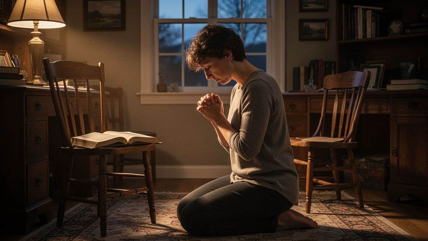 A Christian kneeling in earnest prayer by a wooden chair with an open Bible in a serene home study at dusk, illuminated by soft golden light from a window.