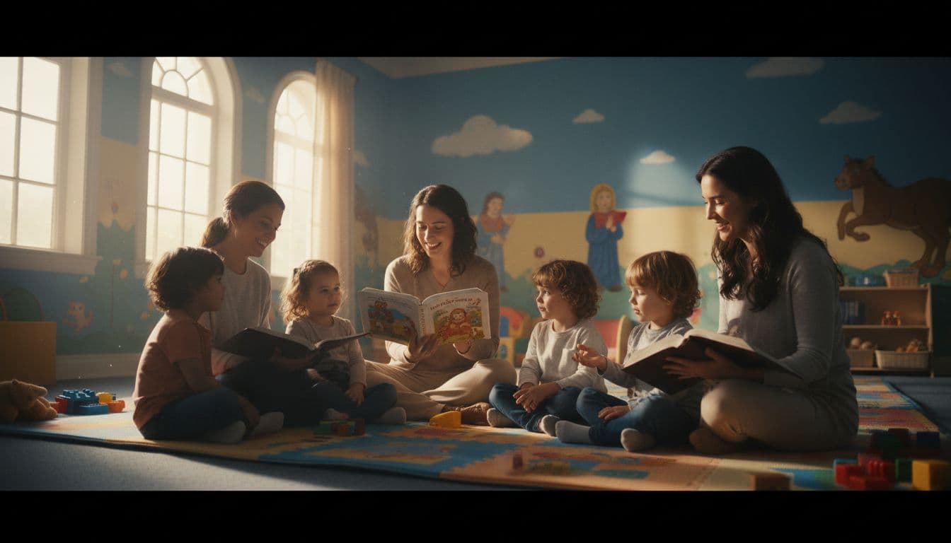 Smiling church volunteers gently read Bible stories to young kids on colorful mats in a bright playroom, natural light highlighting joyful faces and open Bibles.