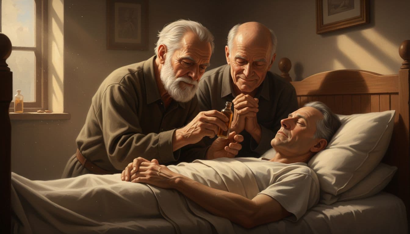 Two church elders pray over a sick man in bed, one anointing his forehead with oil from a vial.