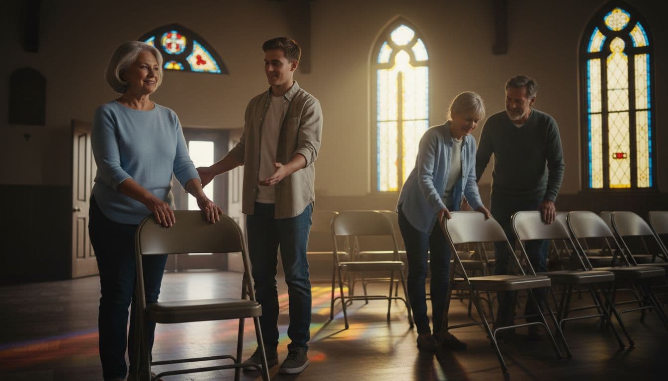 Group of four church volunteers of varied ages humbly arranging chairs and welcoming newcomers in a warmly lit community church sanctuary before service, with soft morning light through stained glass windows casting colorful glows and expressions of quiet joy and teamwork.