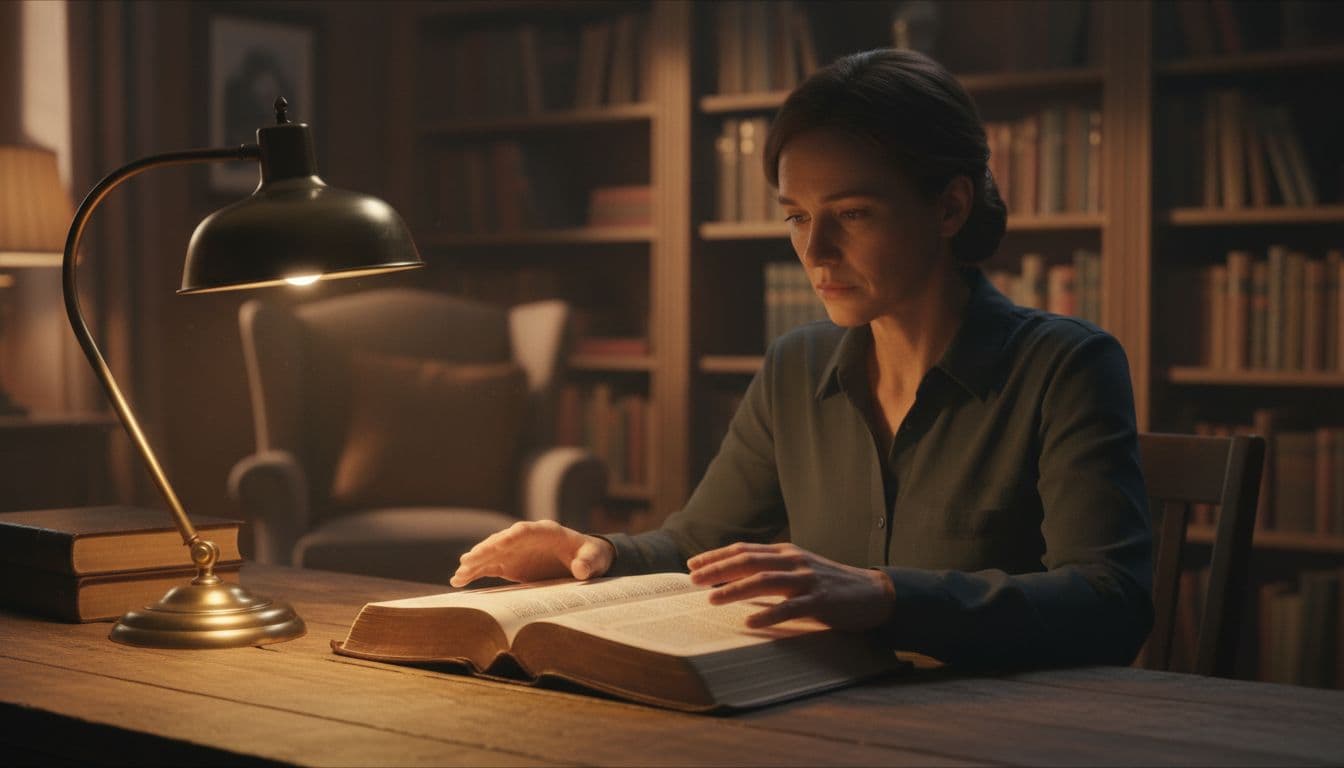 A single person sits thoughtfully at a simple wooden desk, reading an open Bible under warm lamp light in a cozy evening room with blurred bookshelves in the background, featuring cinematic style with strong contrast and dramatic lighting.