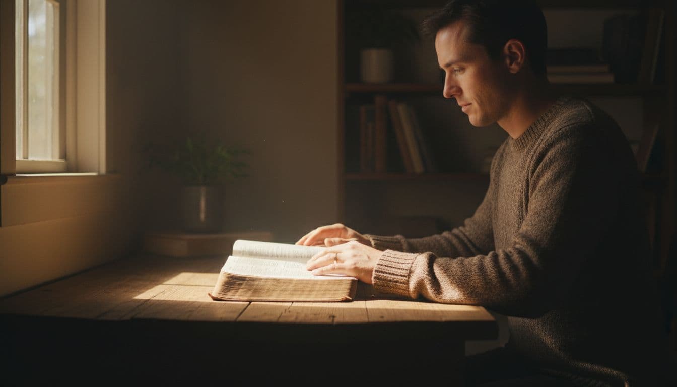 A person sits at a simple wooden desk with an open Bible under a single beam of golden sunlight streaming through a window in a modest study room, hands gently resting on the pages with a focused, thoughtful expression.