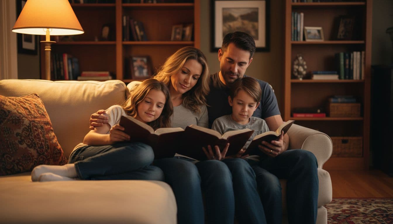 A mother, father, and two children sit closely on a comfortable living room couch, each holding an open Bible and reading together attentively under soft evening lamp light in a cozy home with bookshelves.