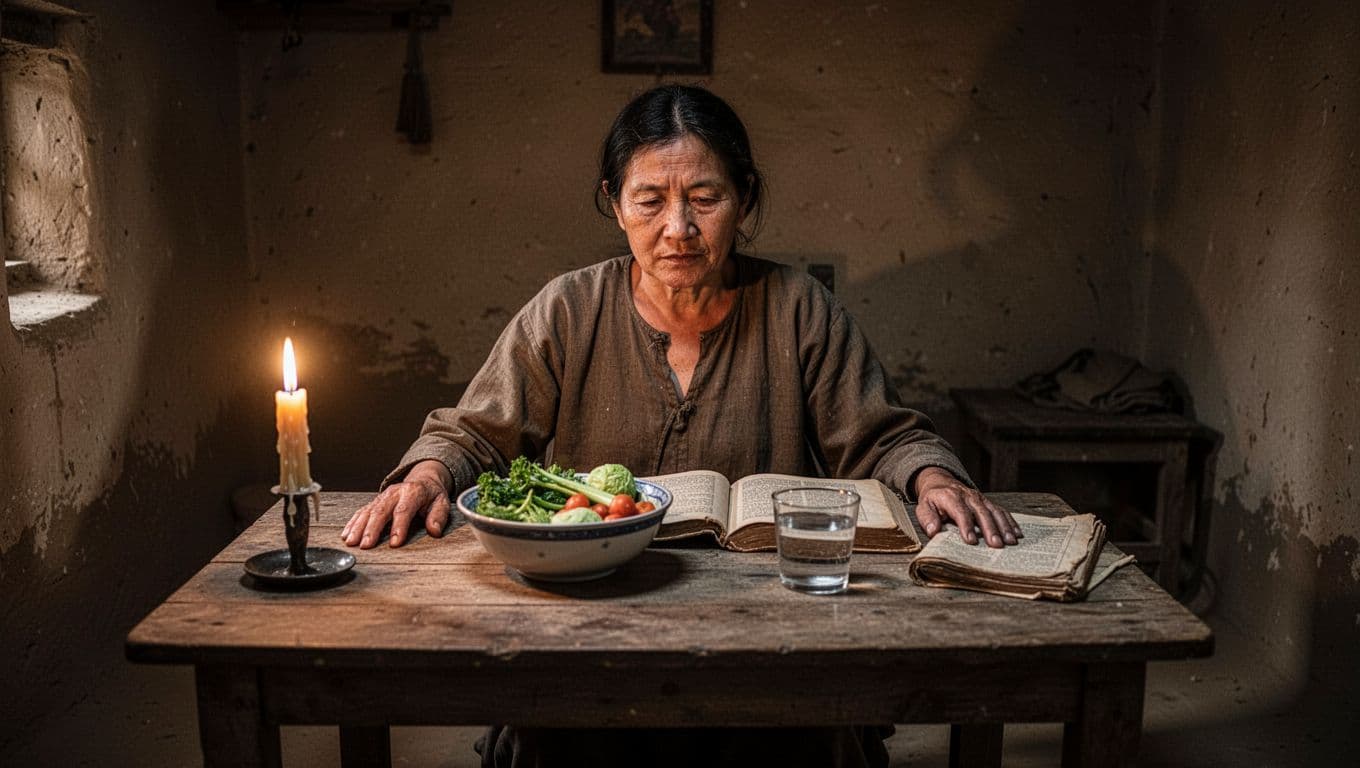 A humble person sitting at a table with simple vegetables and water, open Bible nearby in an ancient modest room under warm candlelight.