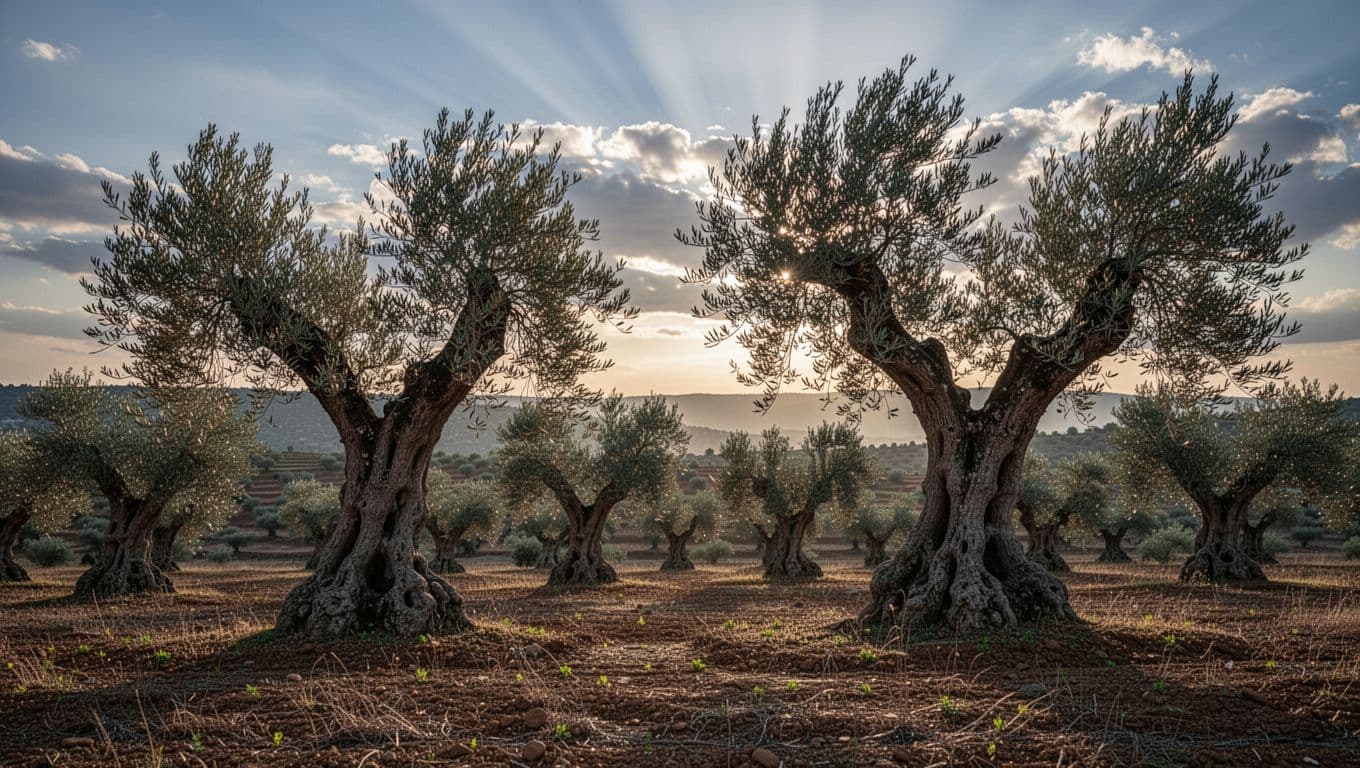 Gentle wind rustles leaves of ancient olive trees as dawn rays break through clouds.