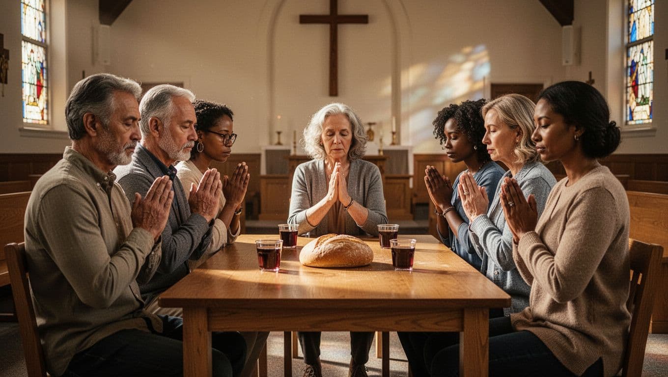 Six diverse Christians seated around wooden table with bread loaf and grape juice cups, hands folded in prayer in church hall.