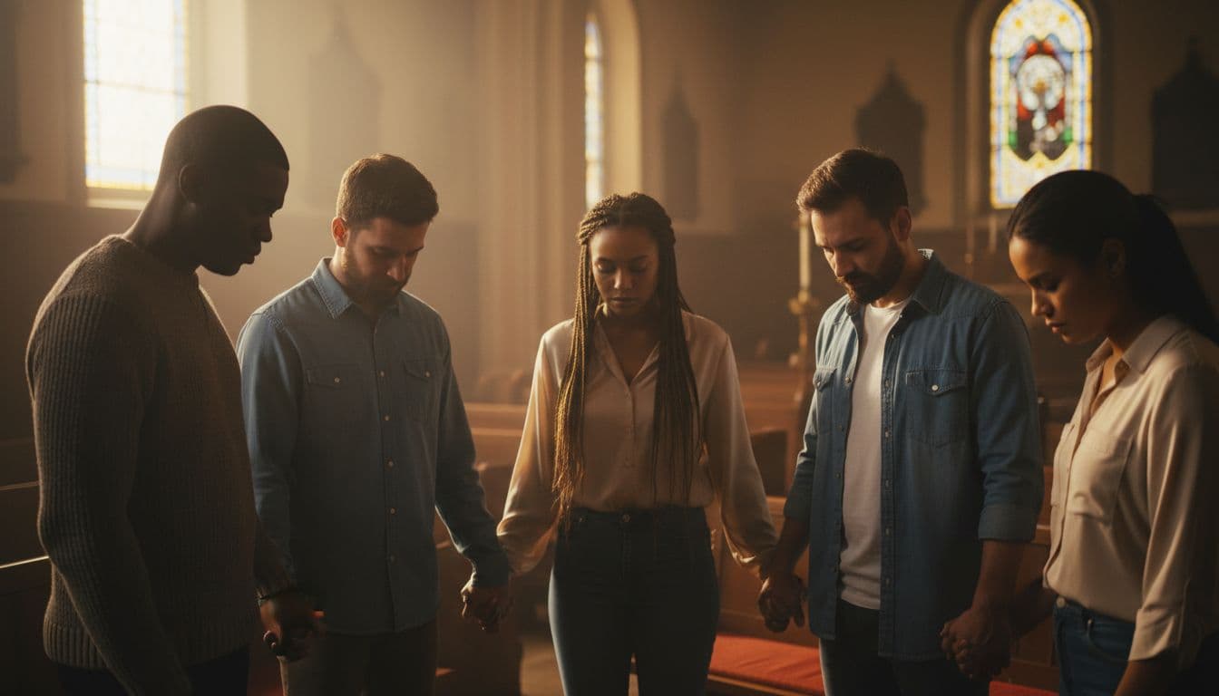 A group of five diverse Christians—two women and three men in casual clothes—hold hands in a prayer circle inside a warmly lit church room, conveying unity and support in a cinematic style with dramatic glow.