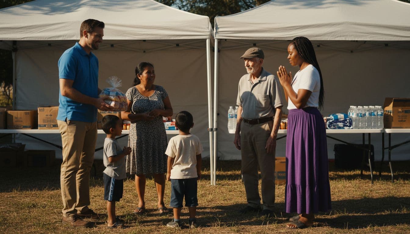 Diverse church members serving at an outdoor community outreach event, one handing food to a family, another praying with someone, bright daylight, tents and tables in background, cinematic style.
