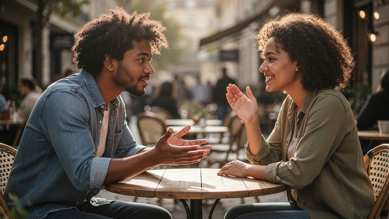 Two diverse friends at an outdoor cafe, one sharing a faith story compassionately, the other listening attentively in soft sunlight.