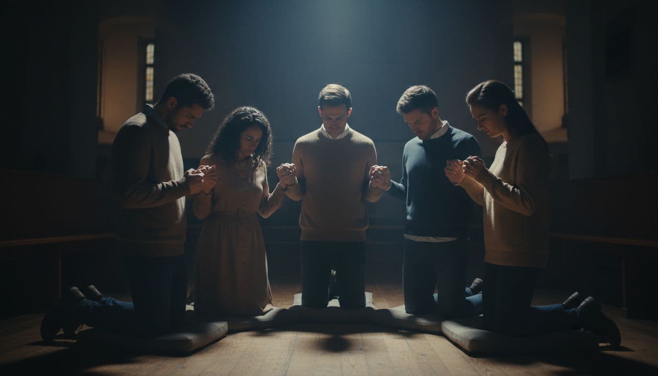 Close view of a diverse group of five people praying together in a circle during church prayer ministry, hands clasped with earnest humility and unity, under a single spotlight in a dimly lit room creating dramatic shadows.
