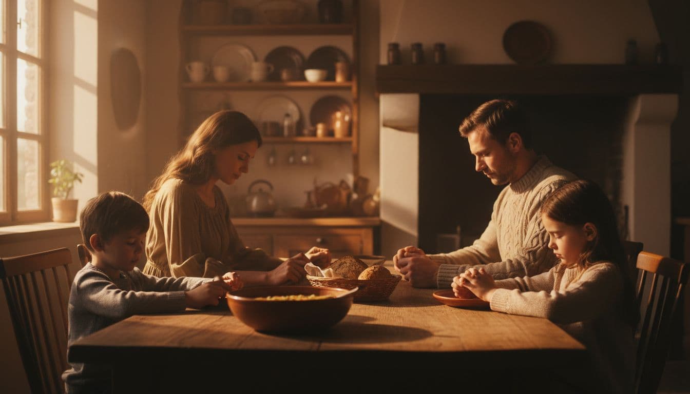 A family of four gathers around a wooden kitchen table, holding hands in prayer before dinner in a cozy home kitchen bathed in soft dusk light from the window.