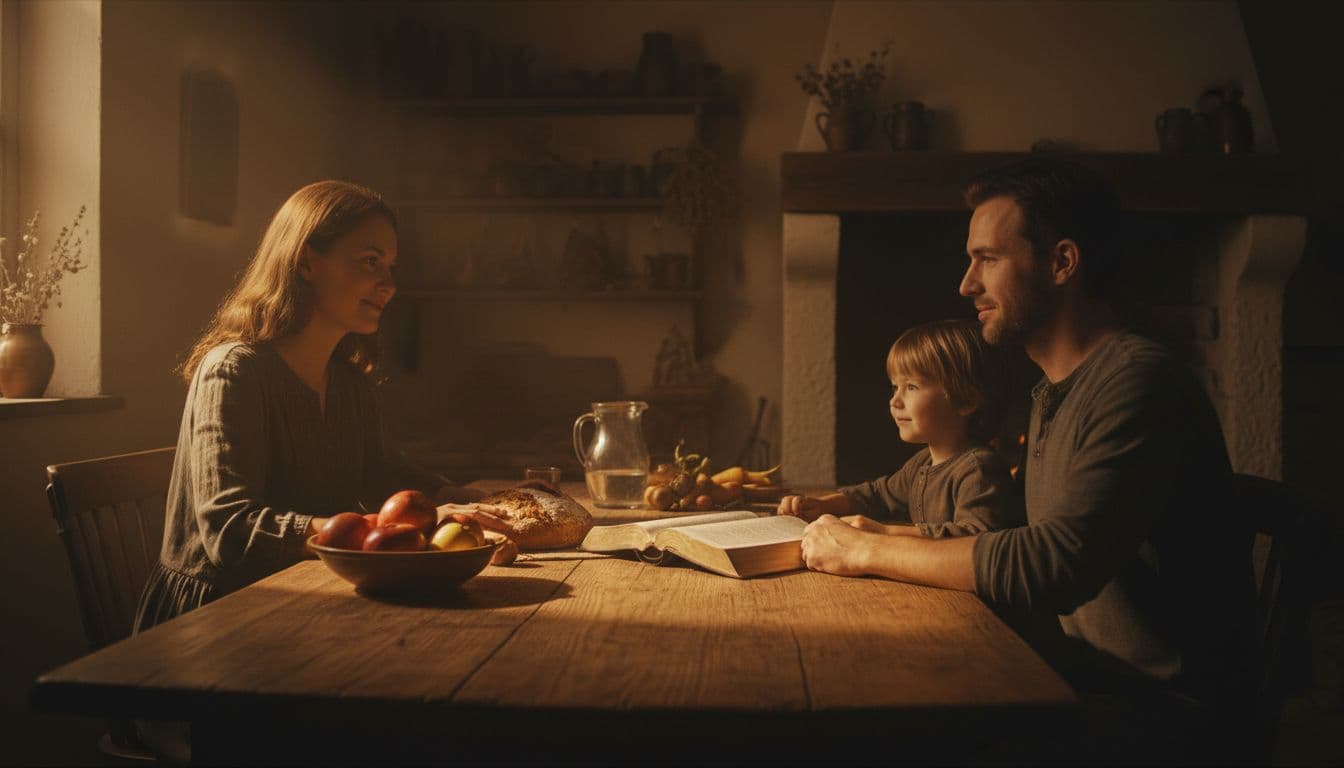 Family of three around wooden table with open Bible, fruits, bread, thankful expressions in warm golden light.