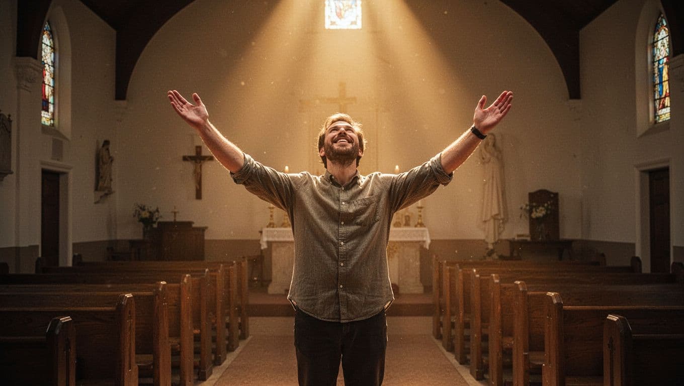 A single believer stands in a simple church sanctuary with arms raised in worship, a subtle warm glow from above suggesting Holy Spirit empowerment, face uplifted in joy.