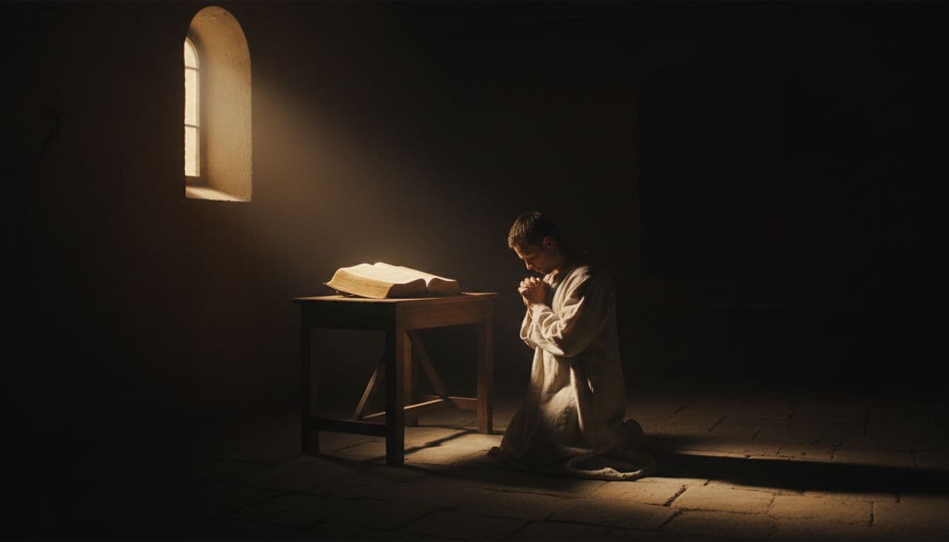 A solitary adult kneels in prayer before an open Bible on a wooden table in a dimly lit room, with dramatic shadows symbolizing turning from sin to God.