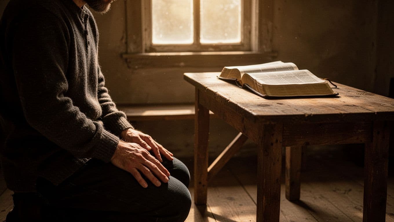 A single believer kneeling humbly in prayer before an open Bible on a simple wooden table in a dimly lit room, with soft warm light creating dramatic shadows and cinematic depth of field focusing on hands and Bible.