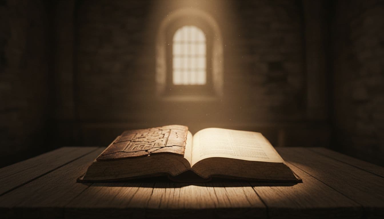 An ancient open Bible rests on a wooden surface in a softly lit room, illuminated by a single beam of light from above in a centered cinematic composition with strong contrast and dramatic warm lighting.