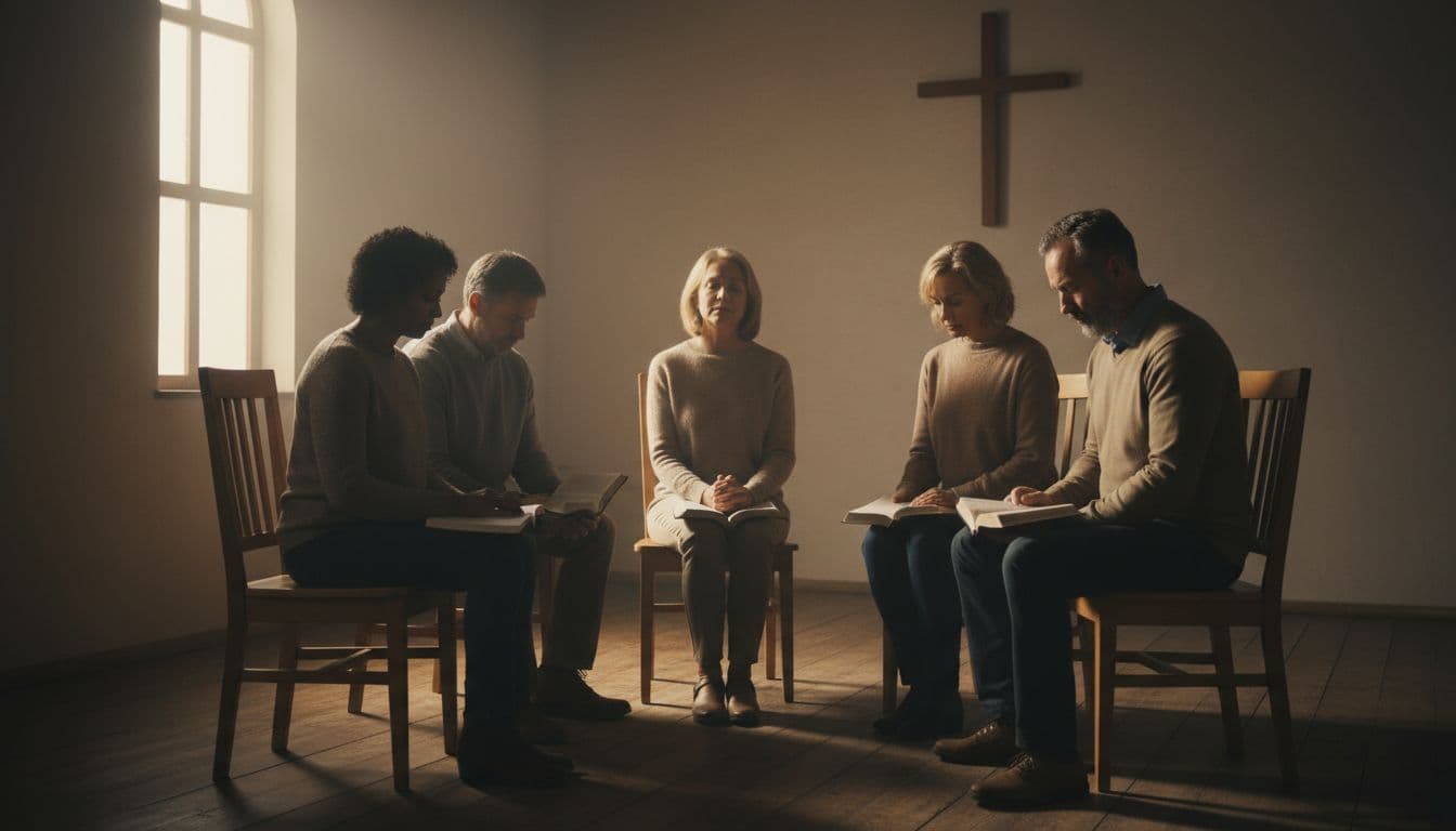 A small group of four diverse middle-aged believers (two women, two men) seated in a circle in a softly lit church prayer room with open Bibles, one closing eyes in reflection while others listen thoughtfully, dramatic cinematic lighting from a single window.