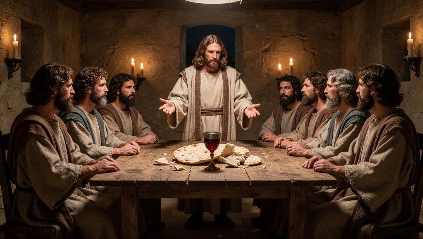 Jesus gestures to broken bread and wine on a table in a candlelit upper room, surrounded by twelve robed disciples.