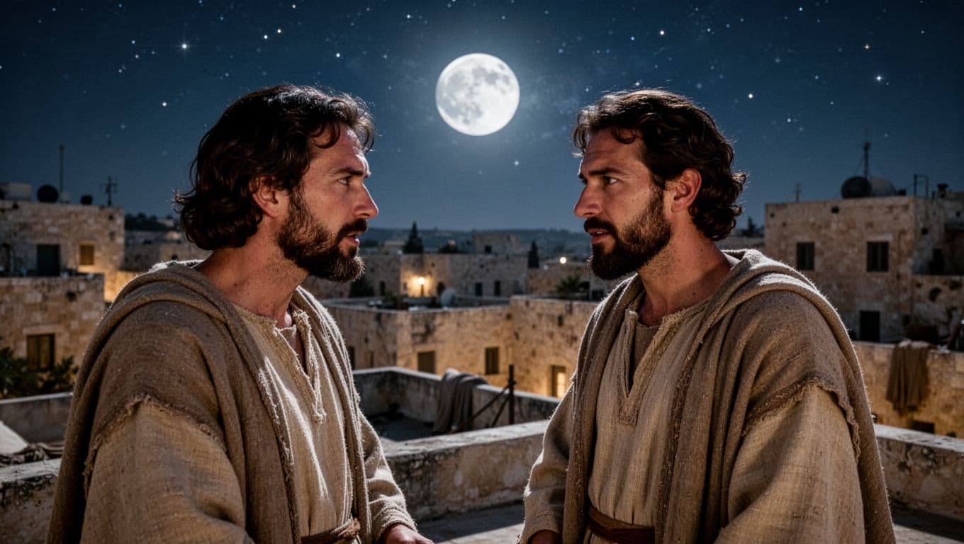 Jesus and Nicodemus talk on a nighttime rooftop under starry sky and moonlight.