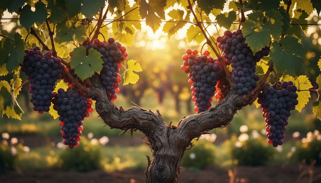 A lush vineyard vine with healthy branches extending and bearing clusters of ripe grapes, captured in a sunlit garden at dawn with cinematic golden hour lighting and depth of field, focusing on their vital connection.