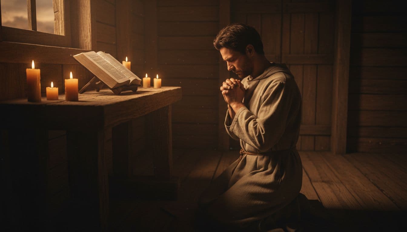 A solitary figure kneels in humble prayer before an open Bible in a quiet wooden chapel at dusk, with warm candlelight casting dramatic shadows on clasped hands and earnest face.