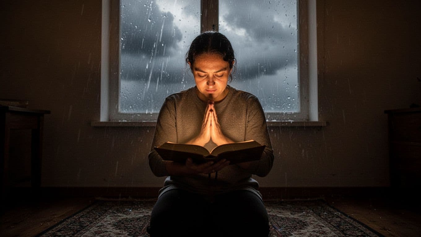 Person kneels in prayer in dim room, open Bible illuminated by beam through rainy window.