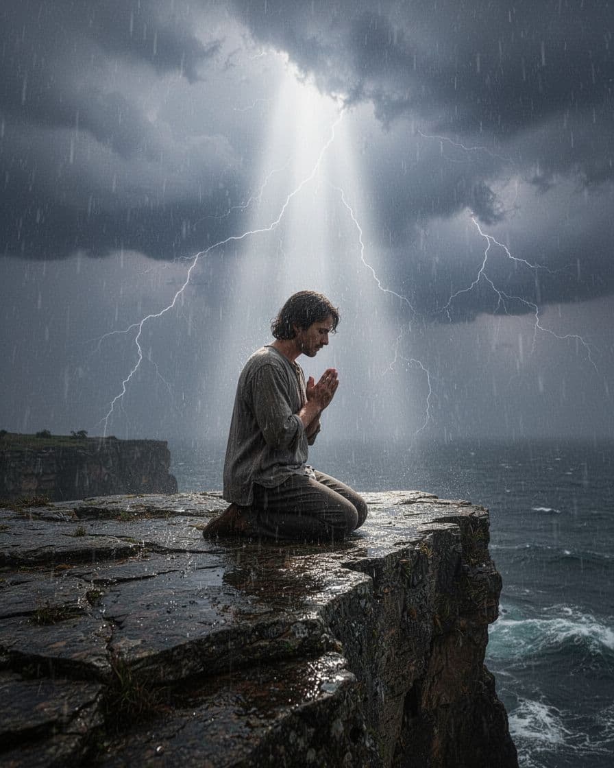 Person kneels in prayer on rocky cliff amid thunderstorm and pouring rain, illuminated by single divine light beam from above.