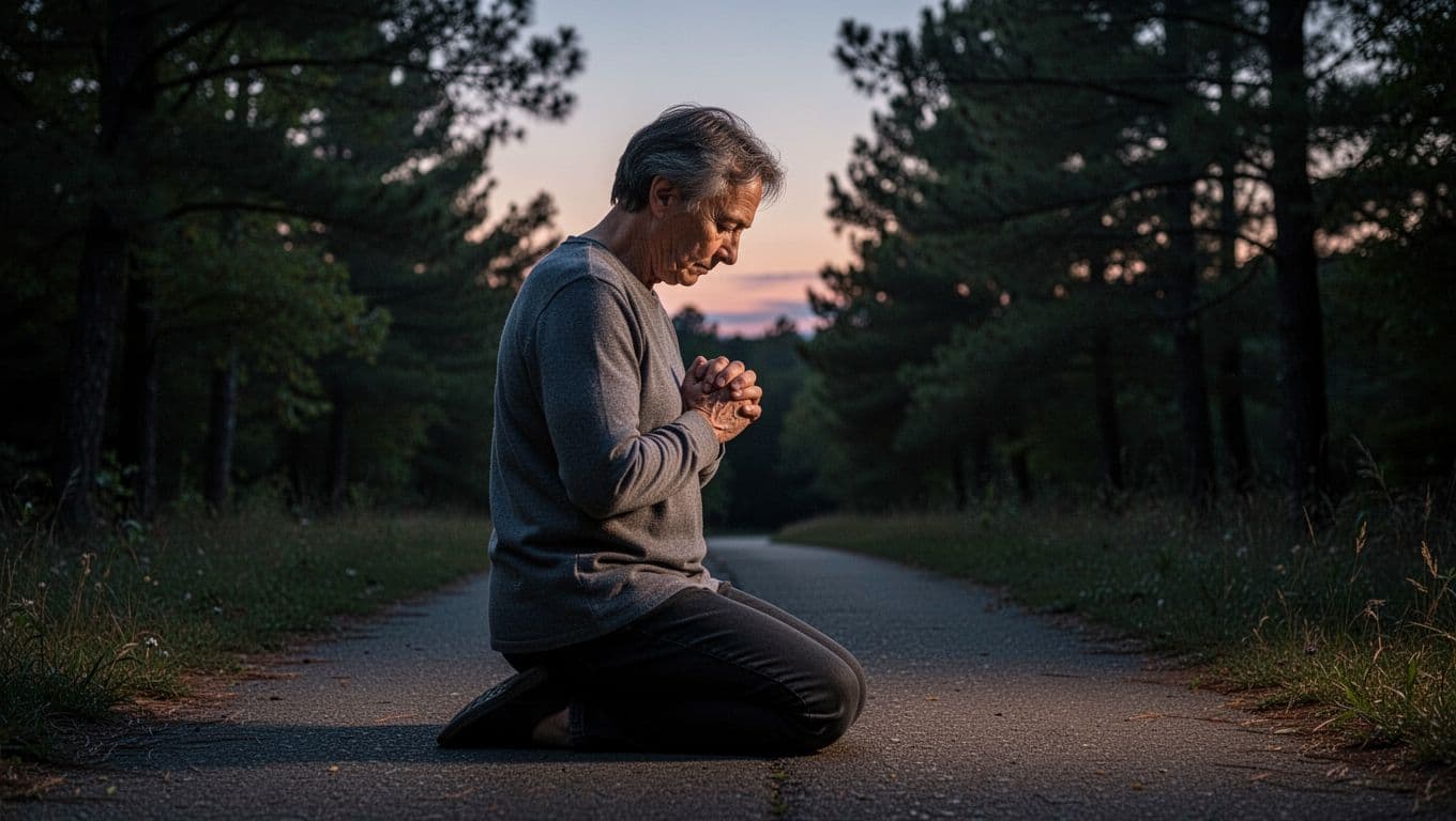 A middle-aged person kneels in humble prayer on a quiet outdoor path at dusk, hands clasped gently in lap with head bowed slightly, against a serene backdrop of trees and fading sky.
