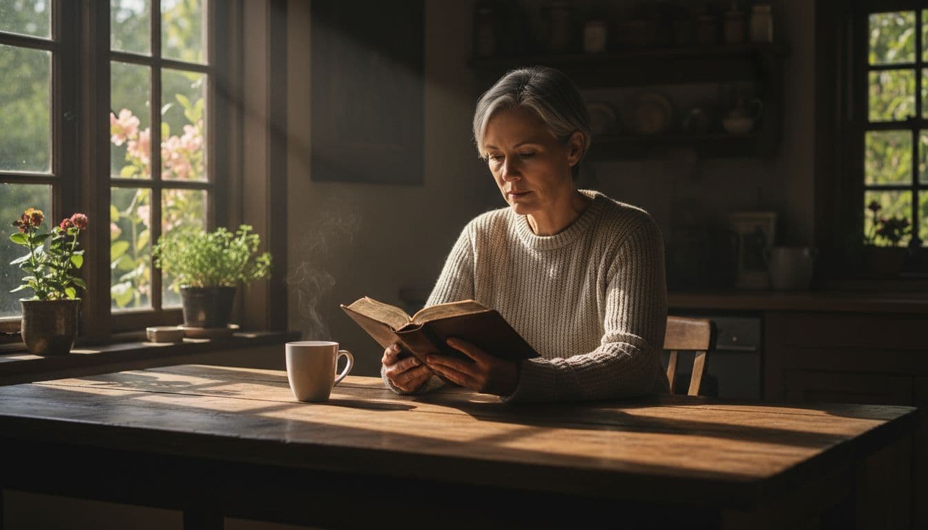 A middle-aged person reads an open Bible at a simple wooden kitchen table bathed in warm morning light, with a coffee mug nearby and a garden visible through the window. Cinematic style with strong contrast, depth, and dramatic shadows.
