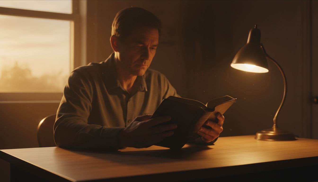 A single person seated at a simple wooden desk in a softly lit evening room, holding an open Bible with both hands resting naturally on the pages, showing a focused expression amid warm lamp light and golden hour glow.