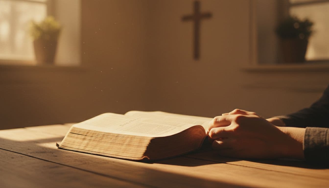 A solitary person kneeling in quiet prayer beside an open Bible turned to the Psalms, with warm sunlight streaming through a window onto a simple wooden table.