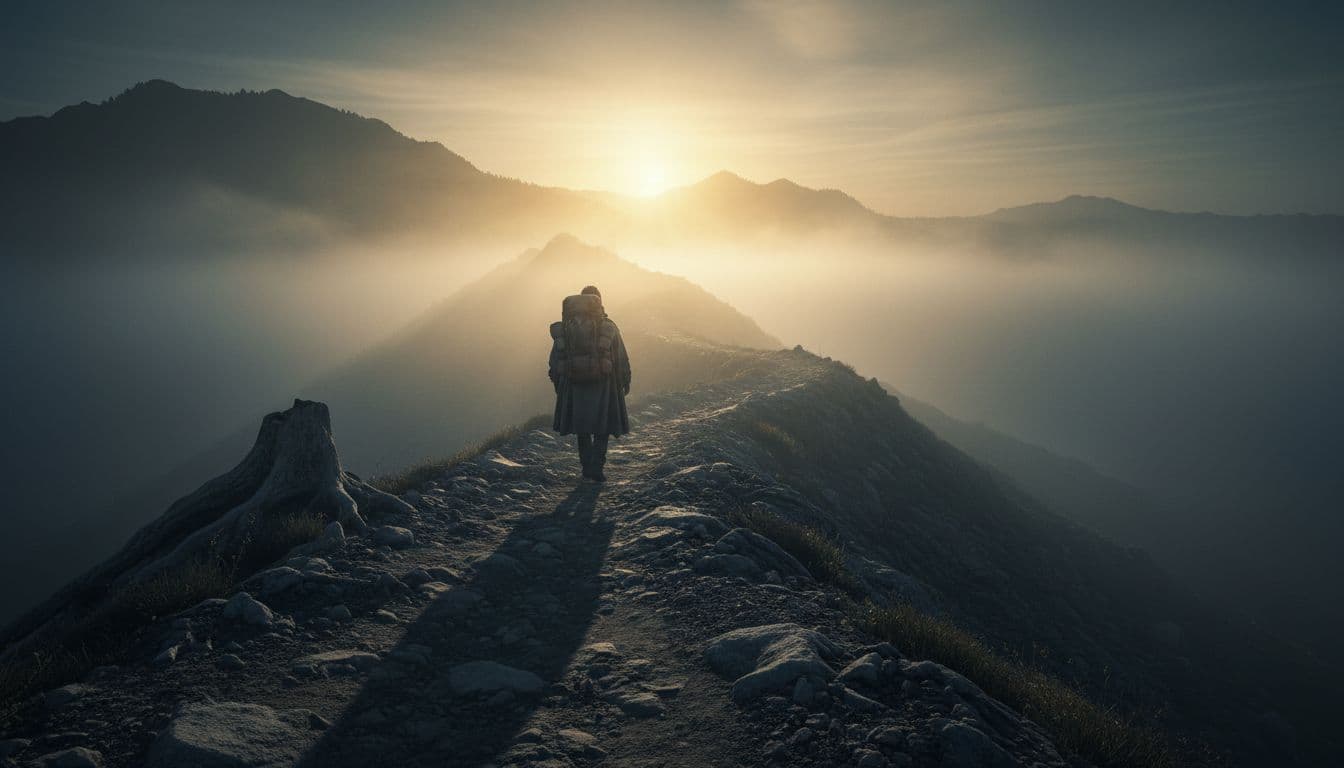 Lone pilgrim walks narrow foggy path toward distant dawn light.
