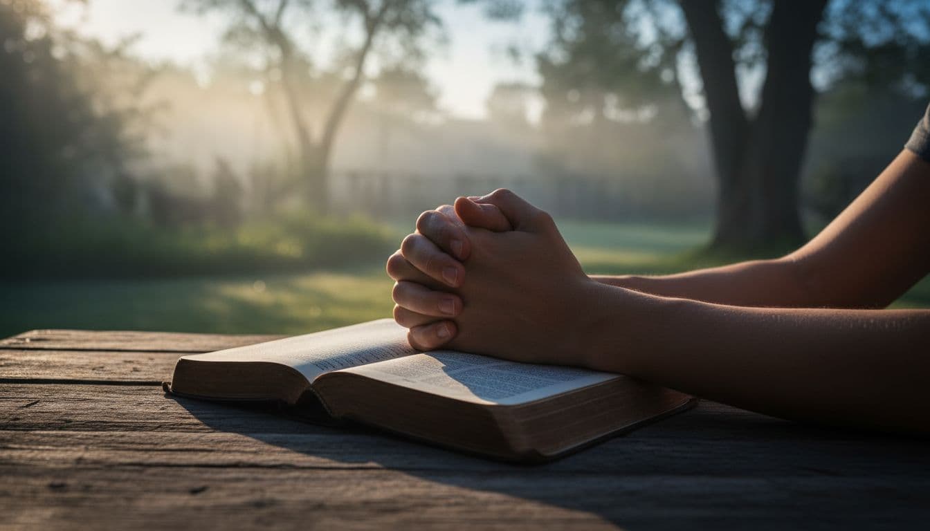 Two hands folded in prayer rest atop an open Bible on a rustic table in a serene outdoor garden at dawn, surrounded by soft mist with blurred distant trees and dramatic cinematic side lighting.