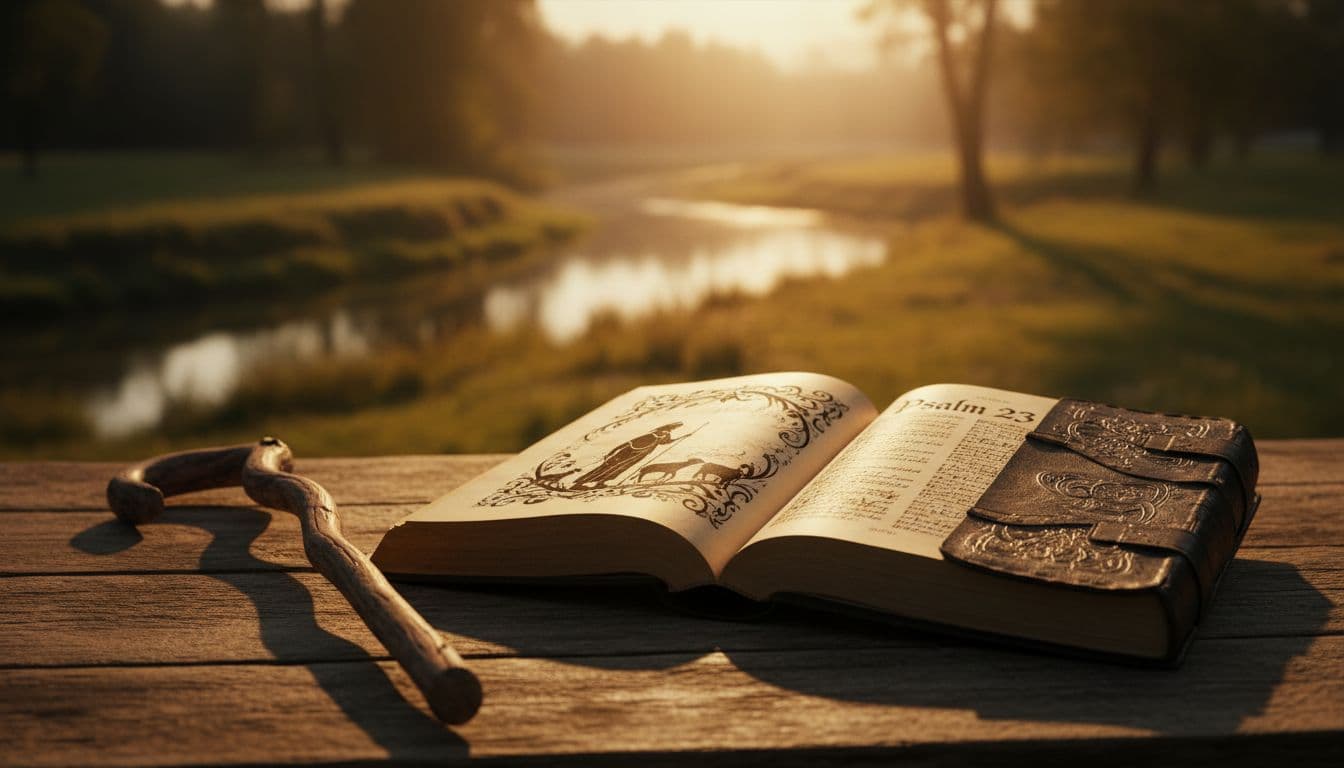 An ancient open Bible on a rustic table turned to Psalm 23, featuring a shepherd's staff nearby and a calm stream in soft focus background, illuminated by golden hour lighting for a serene, cinematic atmosphere.
