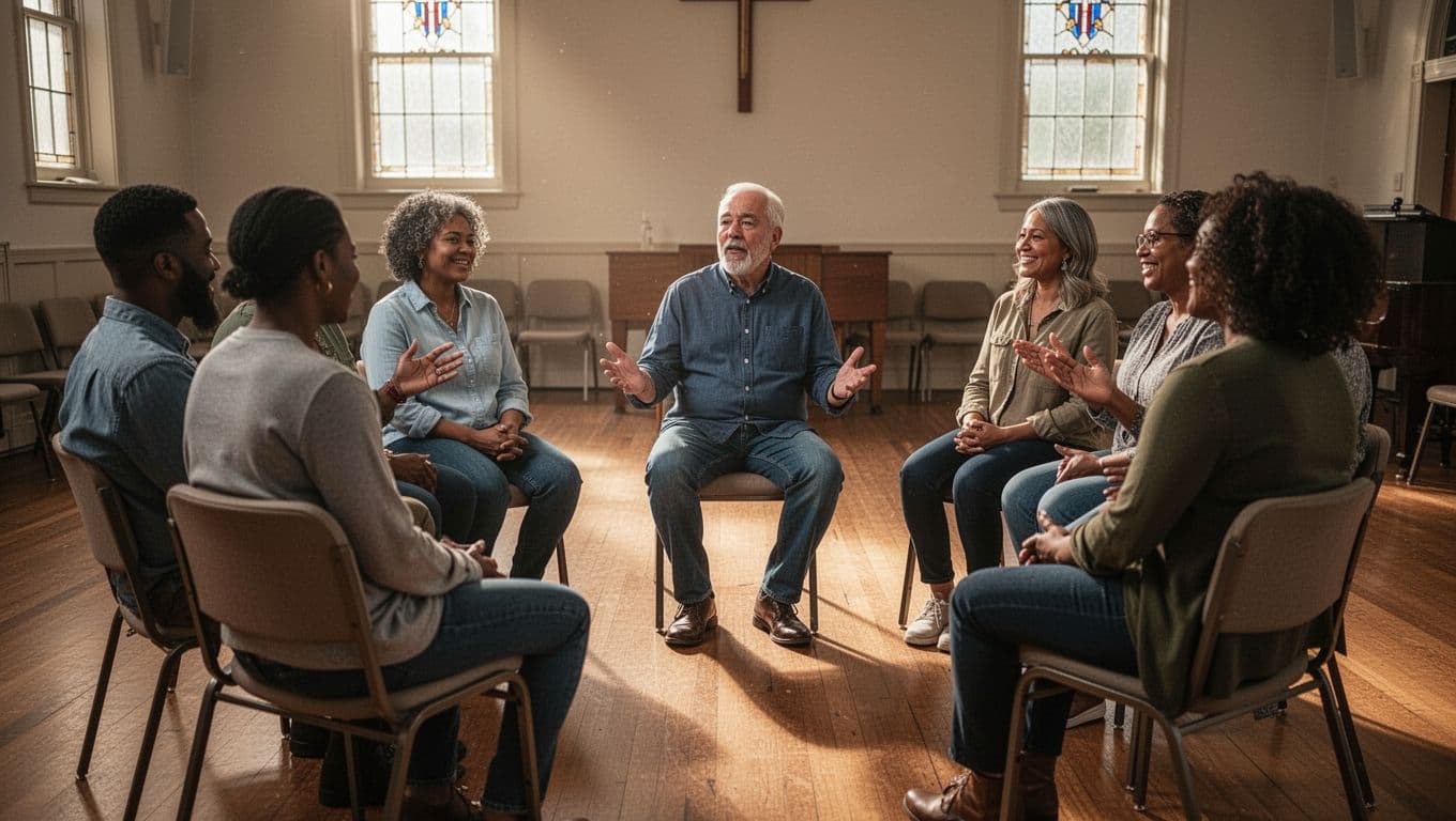 A diverse group of six Christians seated in a circle in a church fellowship hall, one middle-aged man speaking boldly with gesturing hands and confident expression, others listening attentively with nods and smiles under natural window light in cinematic style with strong contrast.