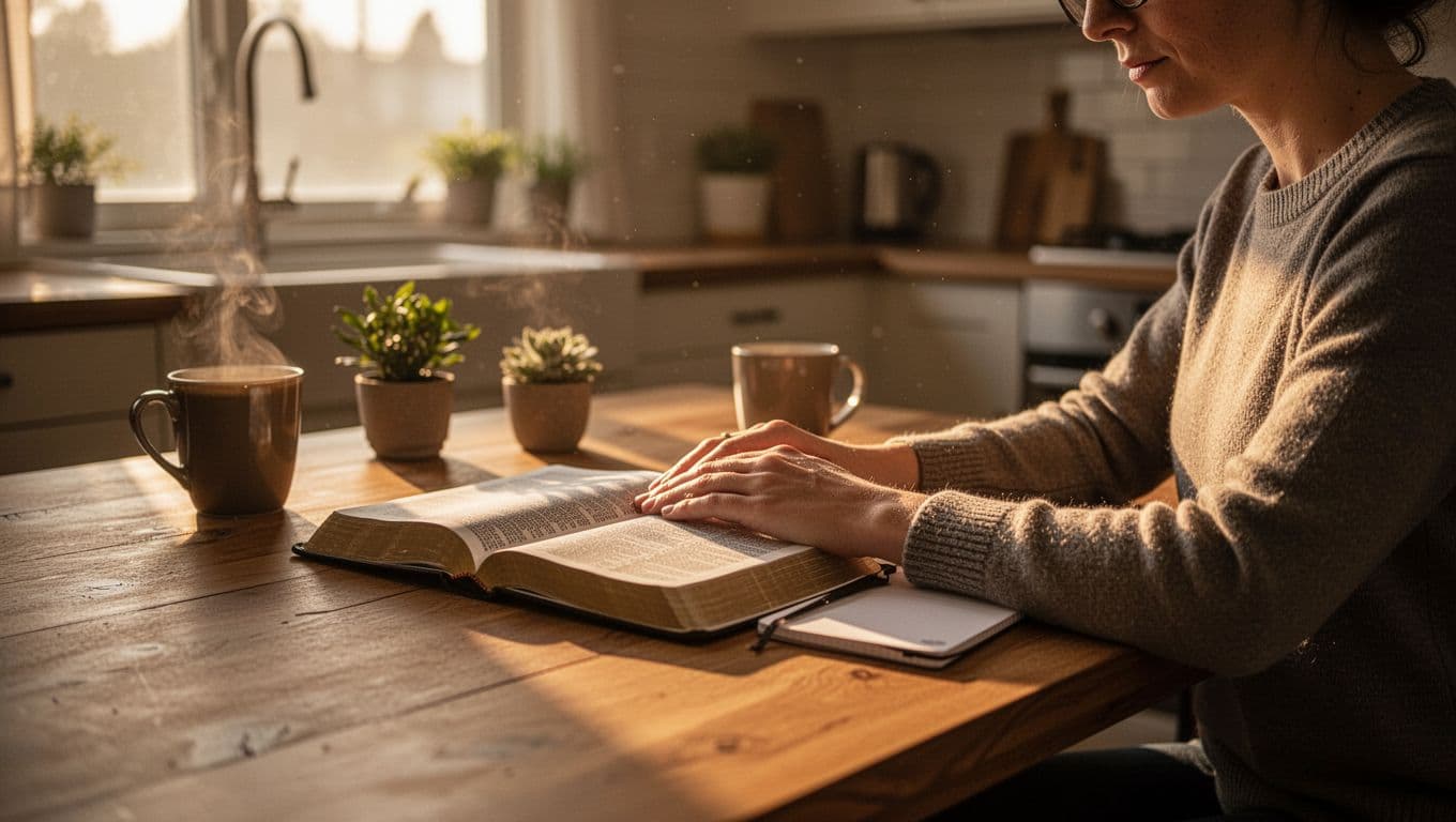 A single person sits at a wooden kitchen table during early morning, with an open Bible and journal illuminated by sunlight streaming through the window, hands resting gently on the book, conveying serene focus and peace.