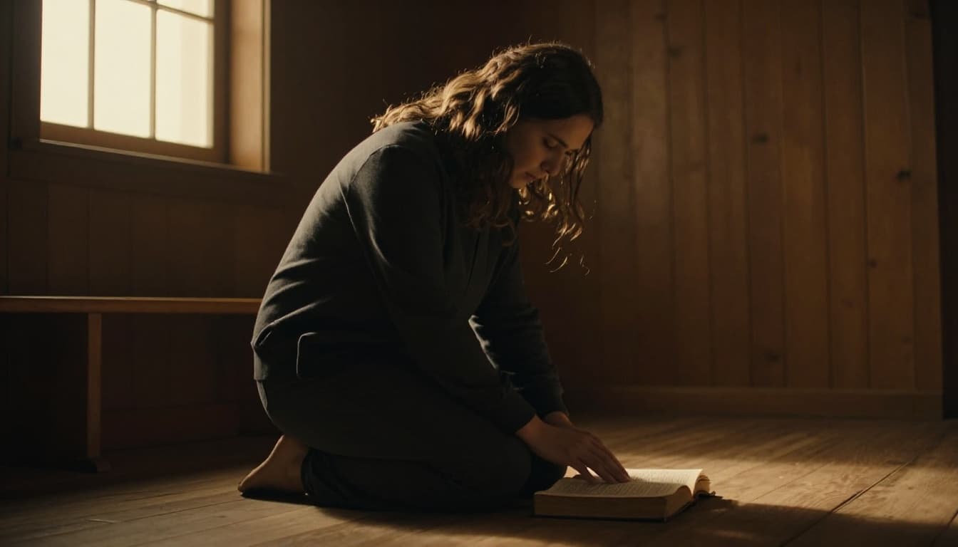 A solitary Christian kneels in fervent prayer in a dimly lit wooden chapel, with warm golden light illuminating their focused face and clasped hands on an open Bible.