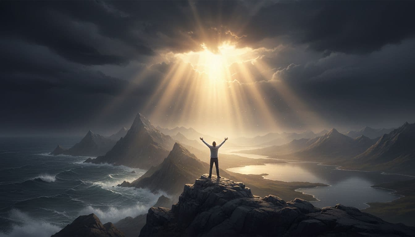 A solitary figure stands with arms raised in relief amid a vast stormy landscape as golden rays break through dark clouds, symbolizing freedom from condemnation.