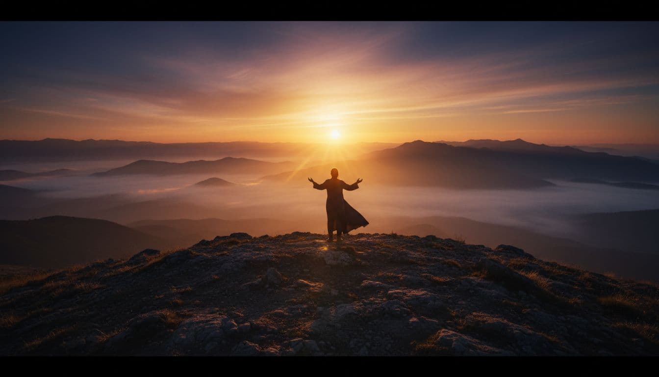 A solitary figure stands on a rugged hilltop at dawn, arms raised in hope, gazing at the sunrise over distant mountains in cinematic golden hour lighting with misty atmosphere.