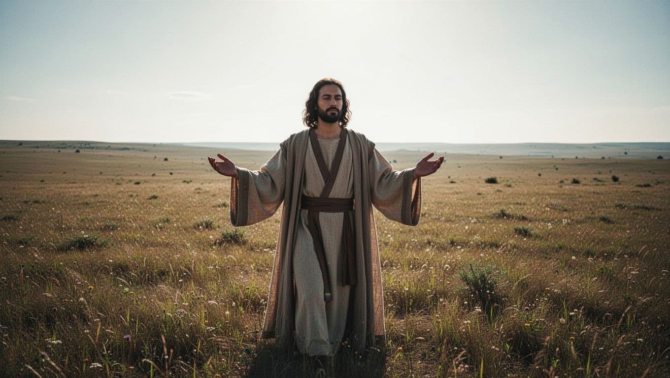 A person in simple biblical robes stands in a sunlit field, arms slightly raised, emerging from shadow into bright light.