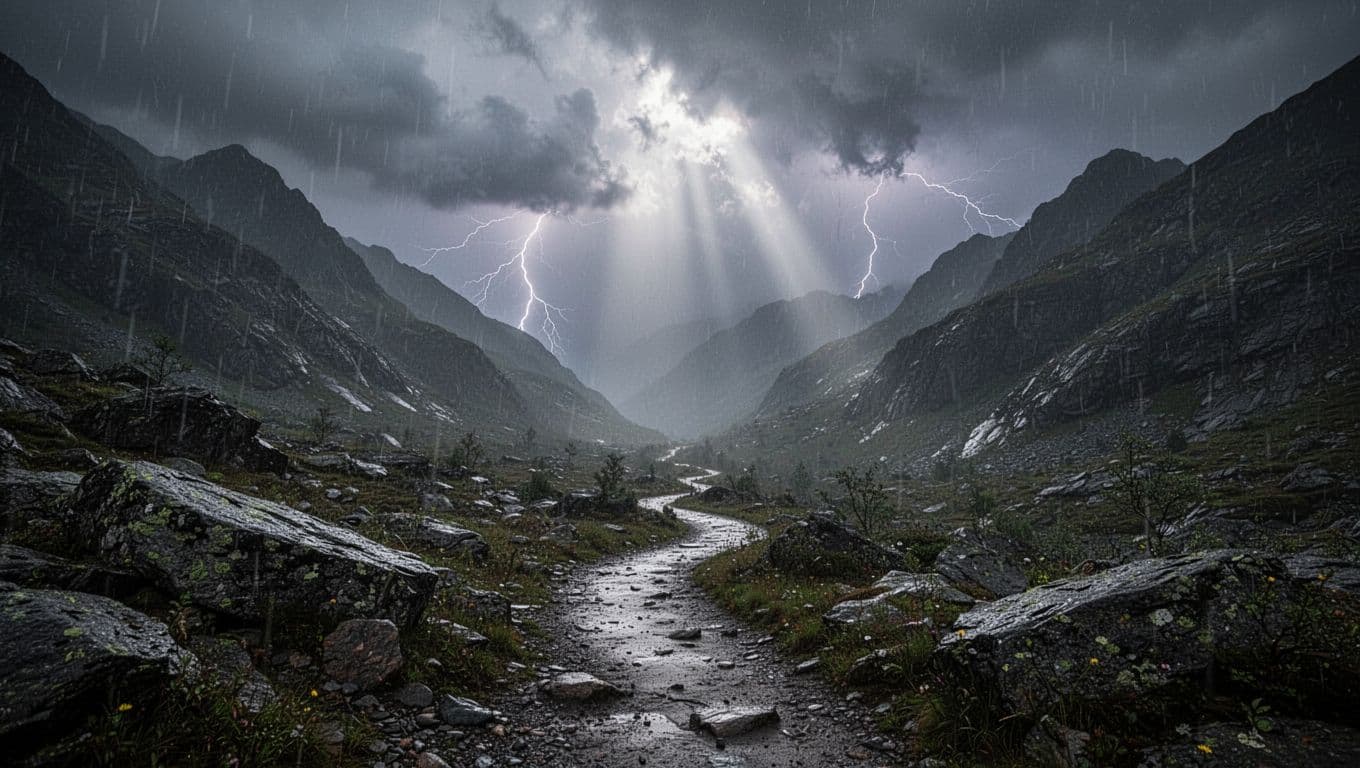 Rugged path winds through dark stormy valley with distant rain, lightning, and sun rays through clouds.