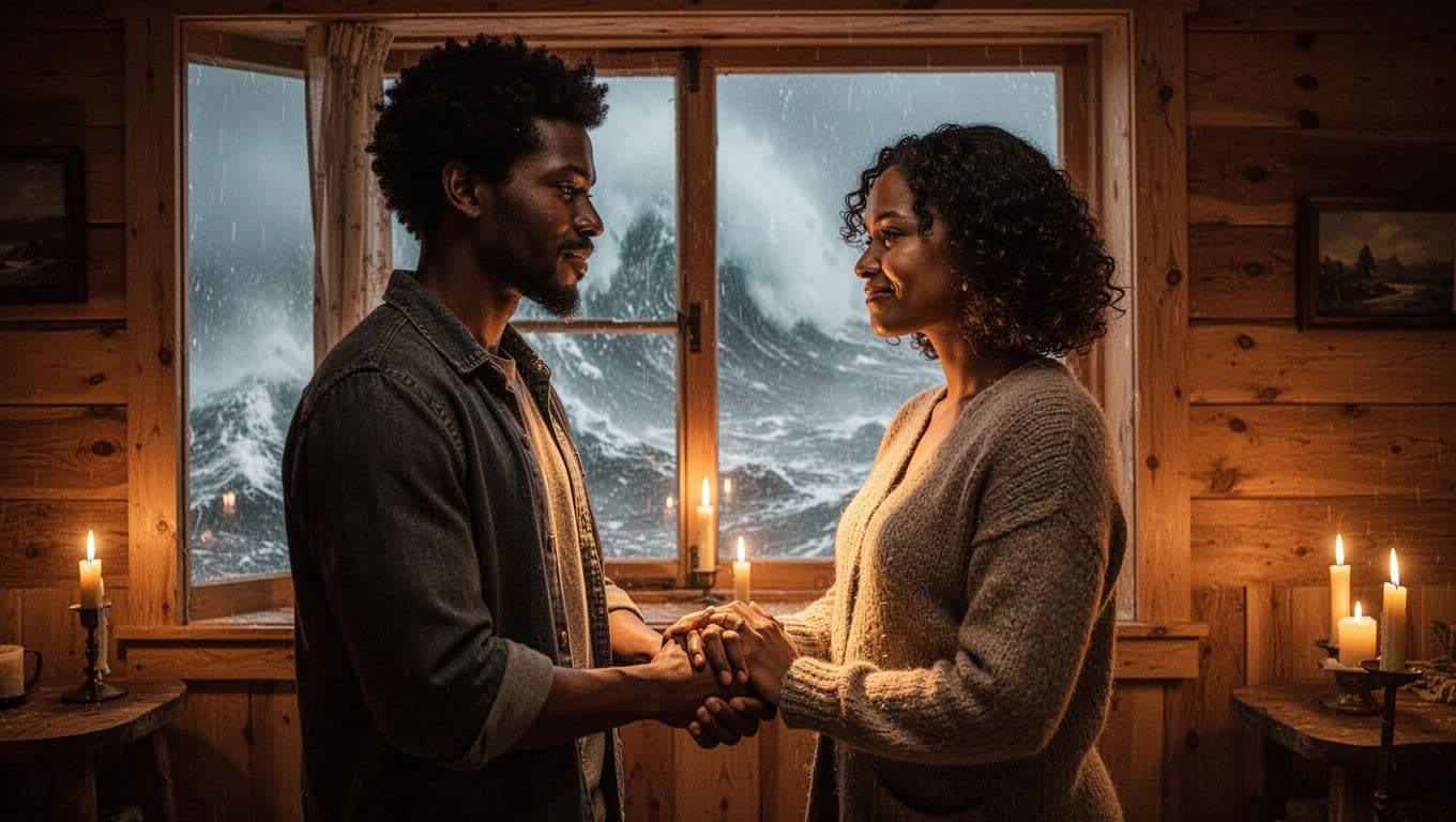 Three diverse adults hold hands in a circle in a candlelit wooden room, storm outside window.