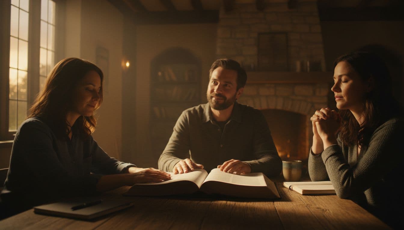 A small group of three believers gathered around an open Bible on a wooden table in a warmly lit room at dusk, faces thoughtful and hopeful as they study Scripture together.