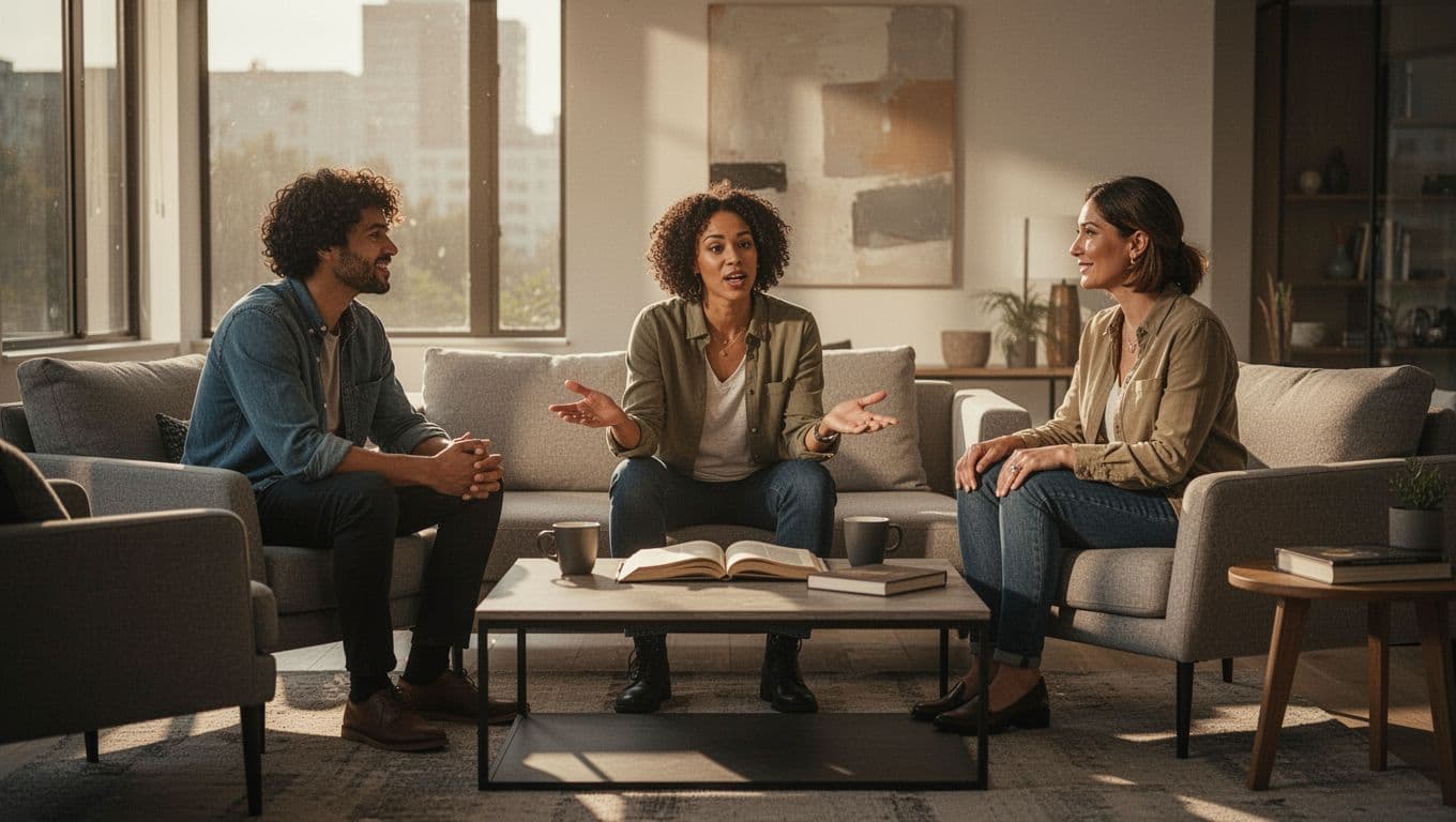 Three friends in a modern living room discuss with open Bibles on the coffee table, one gesturing encouragingly amid afternoon sunlight casting long shadows in cinematic style with strong contrast and dramatic lighting.